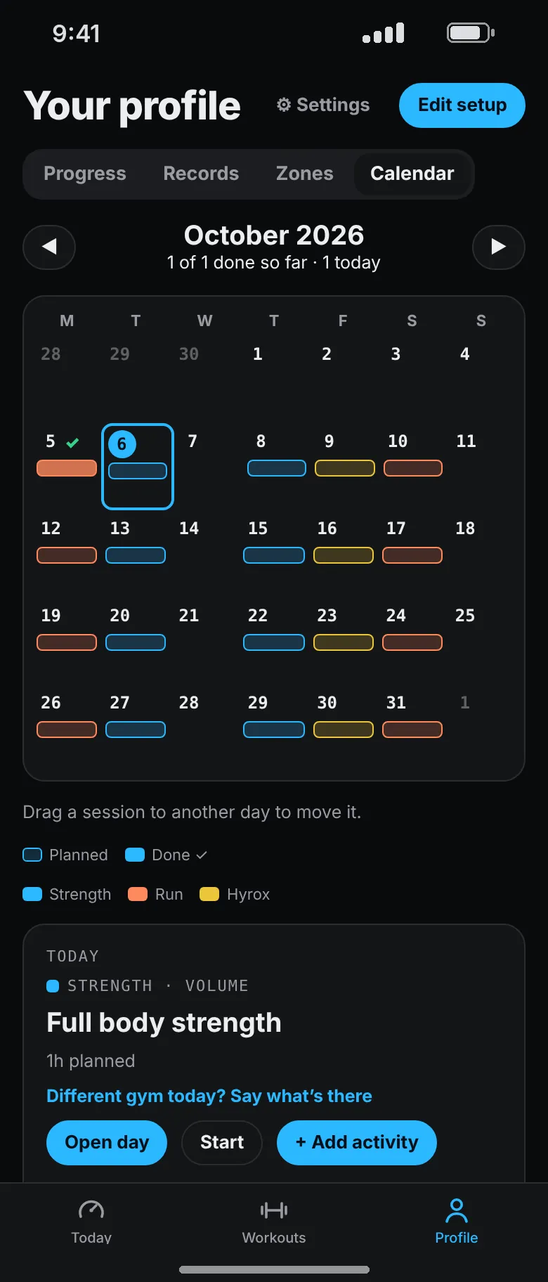 A month calendar with planned runs, strength and Hyrox sessions in color on their days.