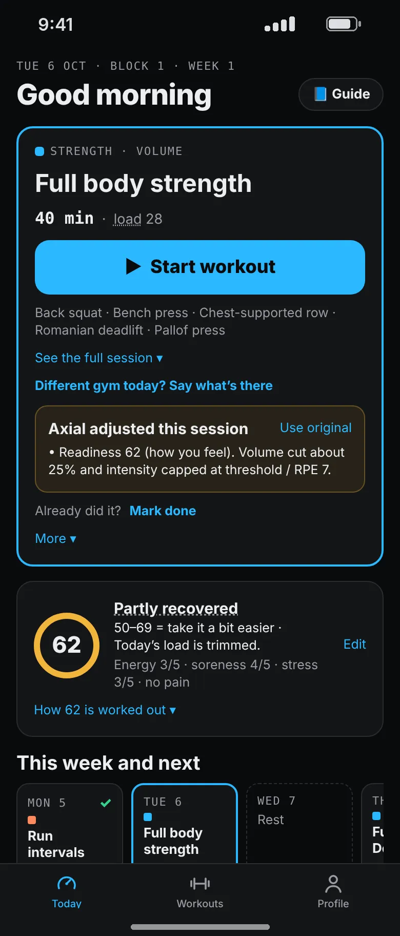 Today screen after a rough check-in: readiness 62, load trimmed, the full body strength session cut to 40 minutes with a note saying volume is down about 25%.
