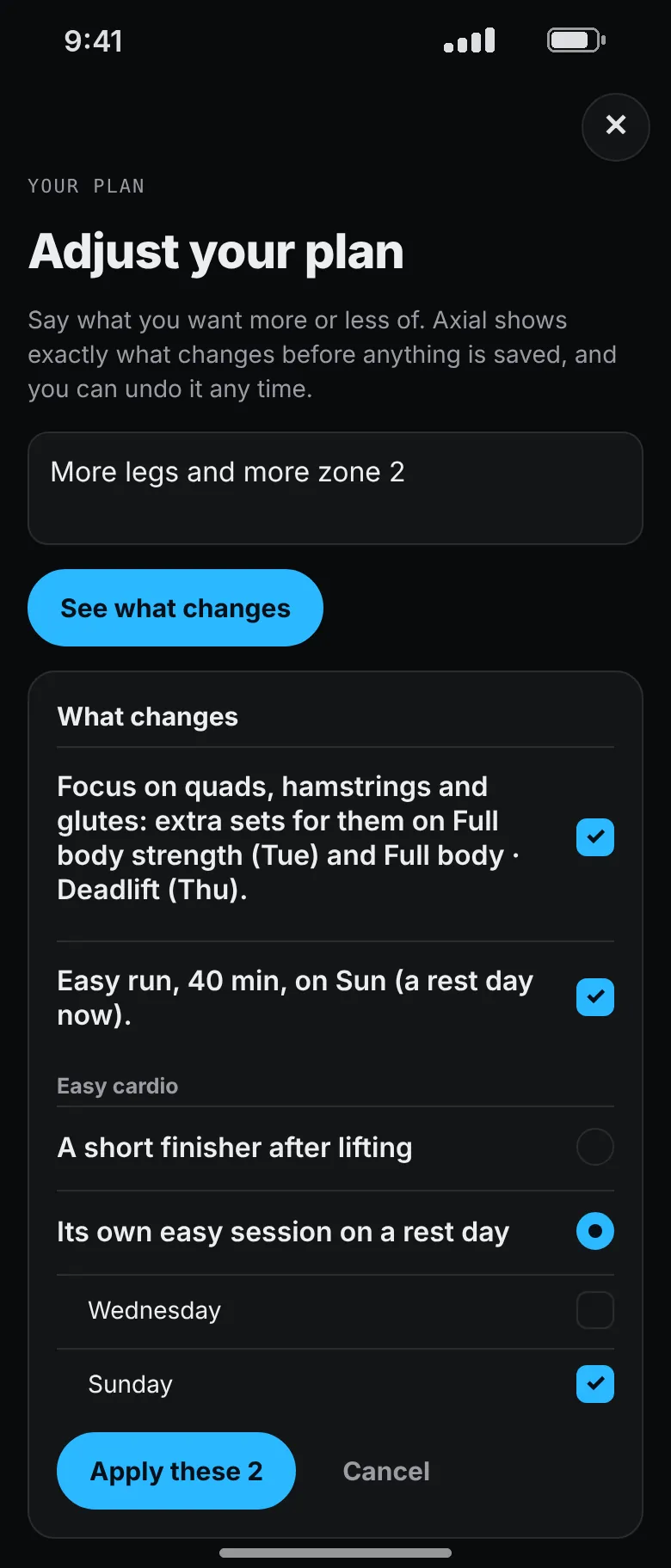 The What changes list: extra sets for quads, hamstrings and glutes on Tuesday and Thursday, and a 40 minute easy run on Sunday, each with a tick box, and an Apply these 2 button.