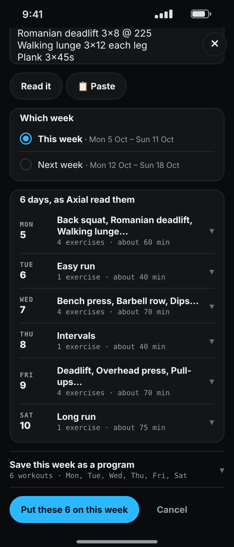 The paste screen for a coach’s plan: six days read from a pasted week, from Monday’s squat day to Saturday’s long run, with a button to put them on this week.