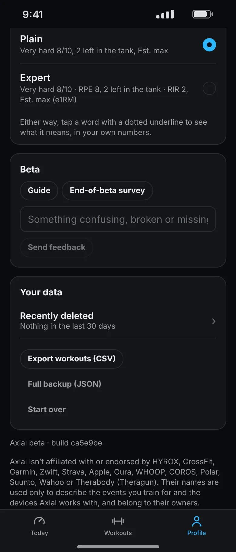 The Your data card in Settings with Recently deleted, Export workouts as CSV, Full backup as JSON and Start over.