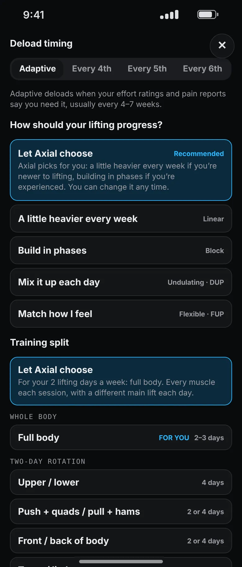 The plan setup screen with Deload timing set to Adaptive and the options Every 4th, Every 5th and Every 6th, above the choice of how lifting progresses.