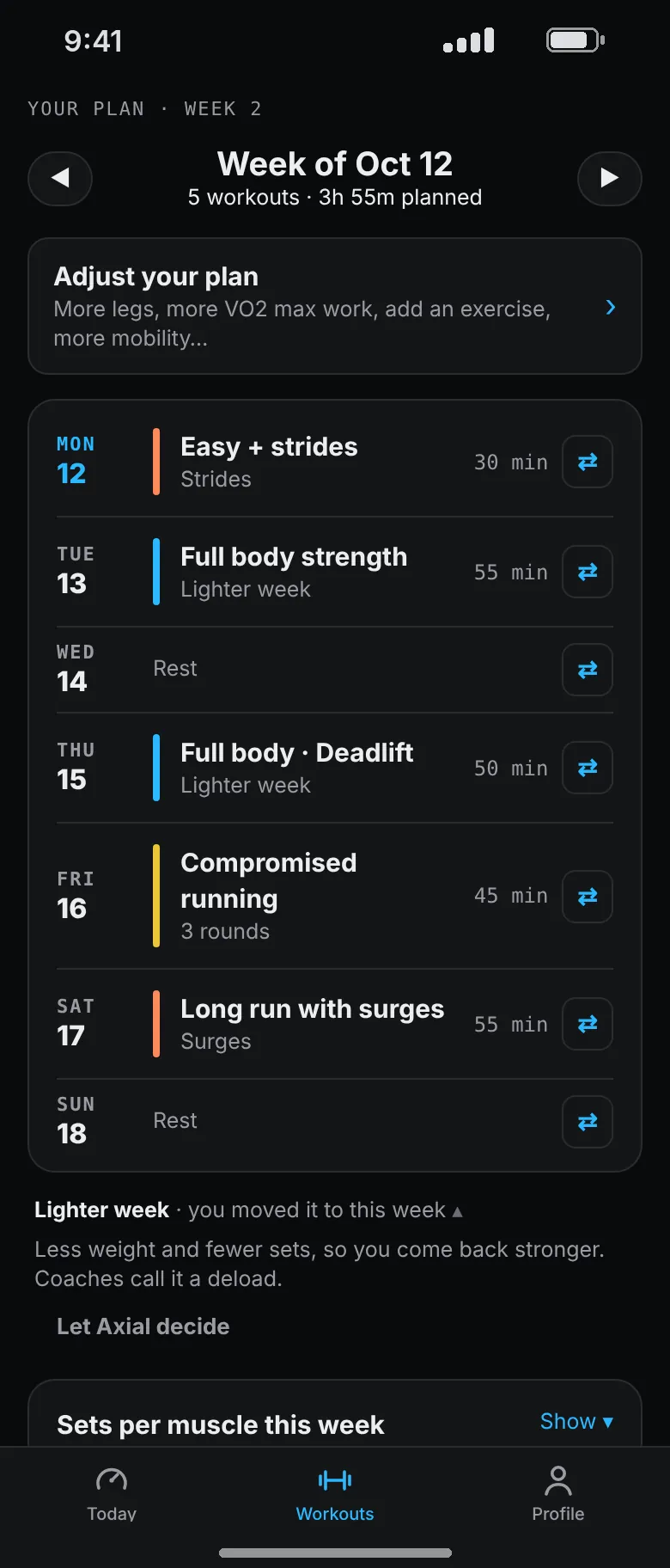 The same week as a lighter week, 3 hours 55 minutes in total: easy running with strides, shorter strength days, three Hyrox rounds and a 55 minute long run.
