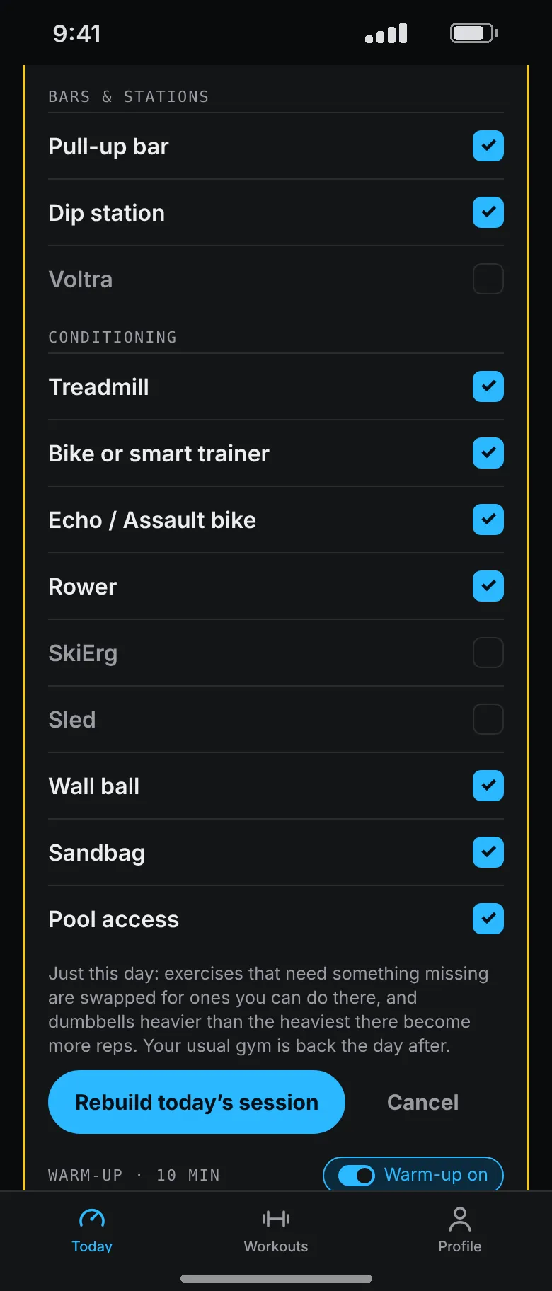 The equipment list for a different gym today, with the SkiErg and sled unticked and Rebuild today’s session below.