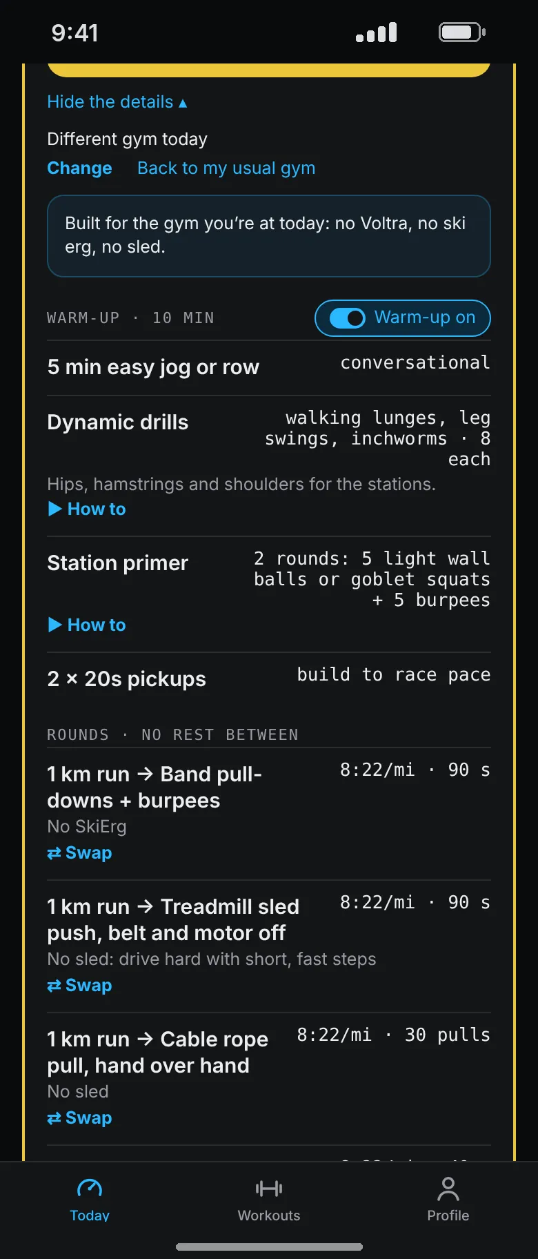 The same Hyrox session rebuilt: band pull-downs with burpees, a treadmill sled push with the belt off, and a cable rope pull, each noting what is missing.