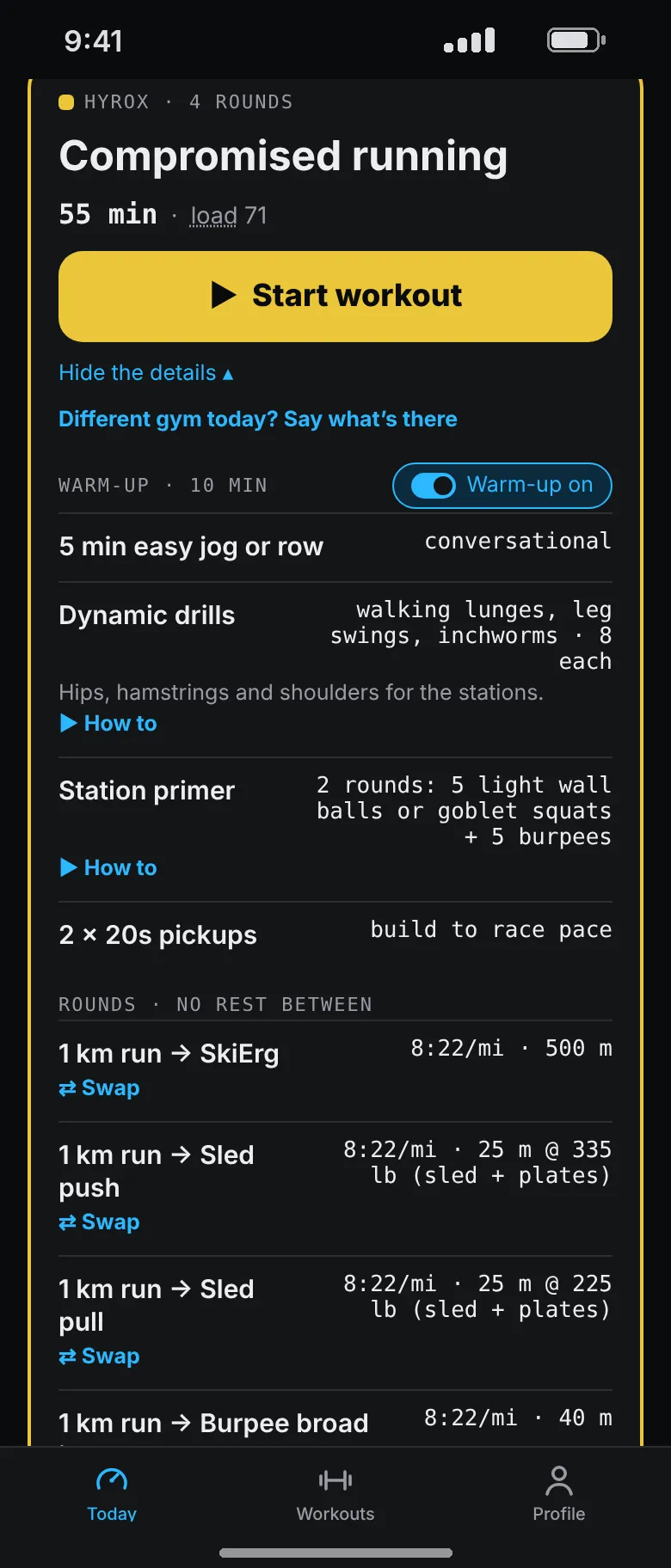 A Hyrox session’s rounds: a 1 km run into the SkiErg, sled push at 335 pounds, sled pull at 225 pounds and burpee broad jumps.