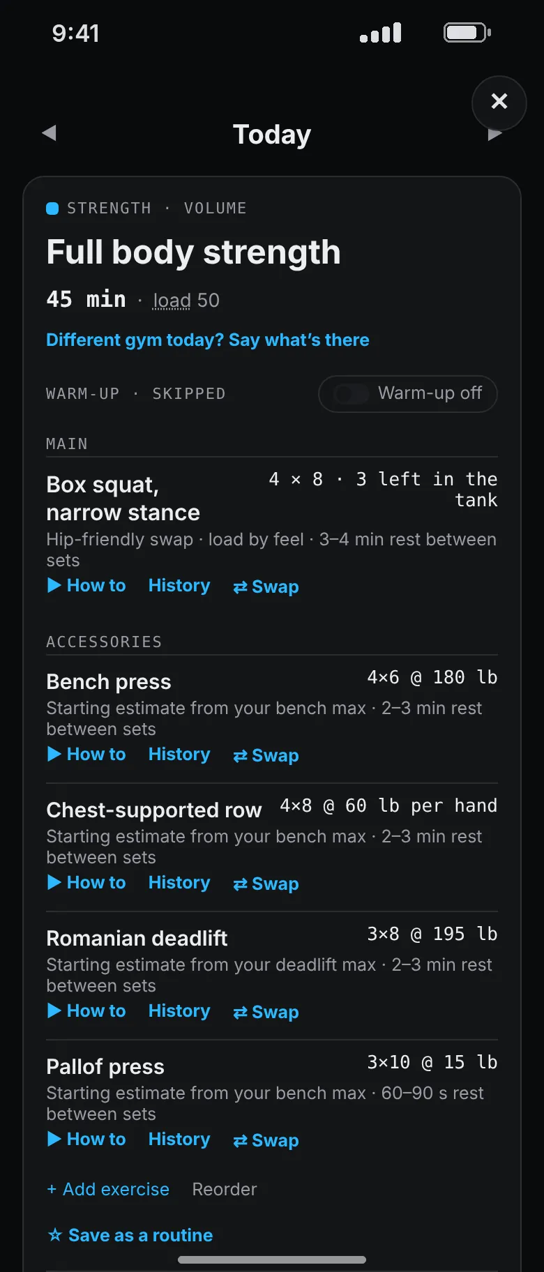 The same session with a hip limit: the back squat is replaced by a narrow-stance box squat, marked as a hip-friendly swap with the load set by feel.