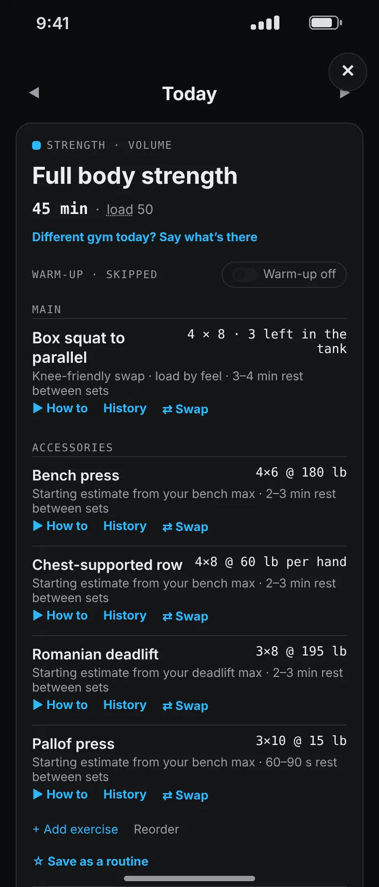 The same session with a knee limit: the back squat is replaced by a box squat to parallel, marked as a knee-friendly swap with the load set by feel.