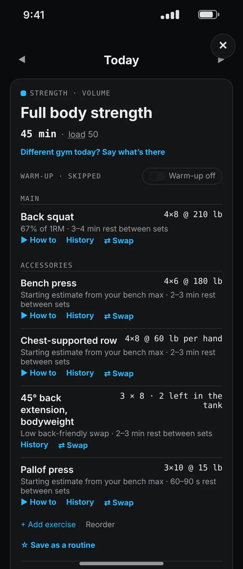 The same session with a low back limit: the Romanian deadlift is replaced by a bodyweight 45 degree back extension, marked as a low back-friendly swap.