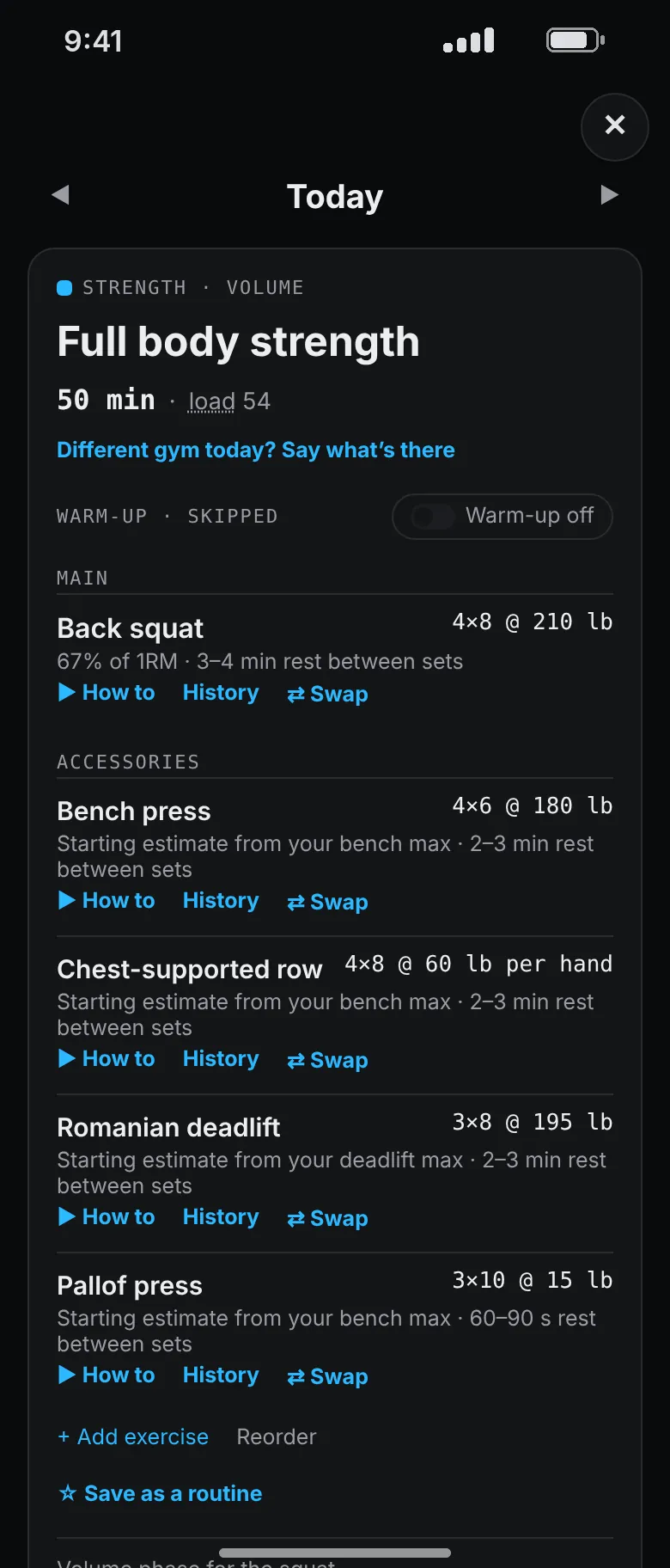 A full body strength session whose main lift is the back squat, 4 sets of 8 at 210 pounds.