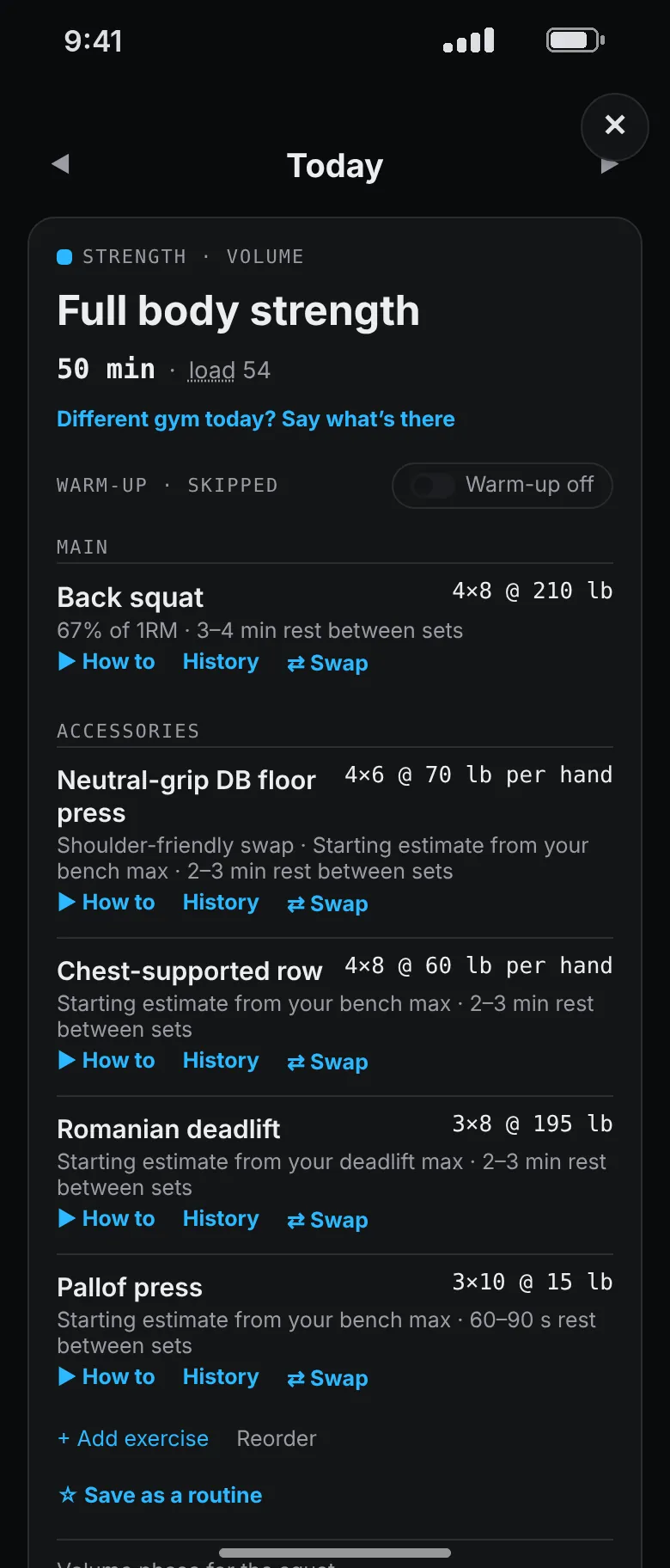 The same session with a shoulder limit: the bench press is replaced by a neutral-grip dumbbell floor press at 70 pounds a hand, marked as a shoulder-friendly swap.