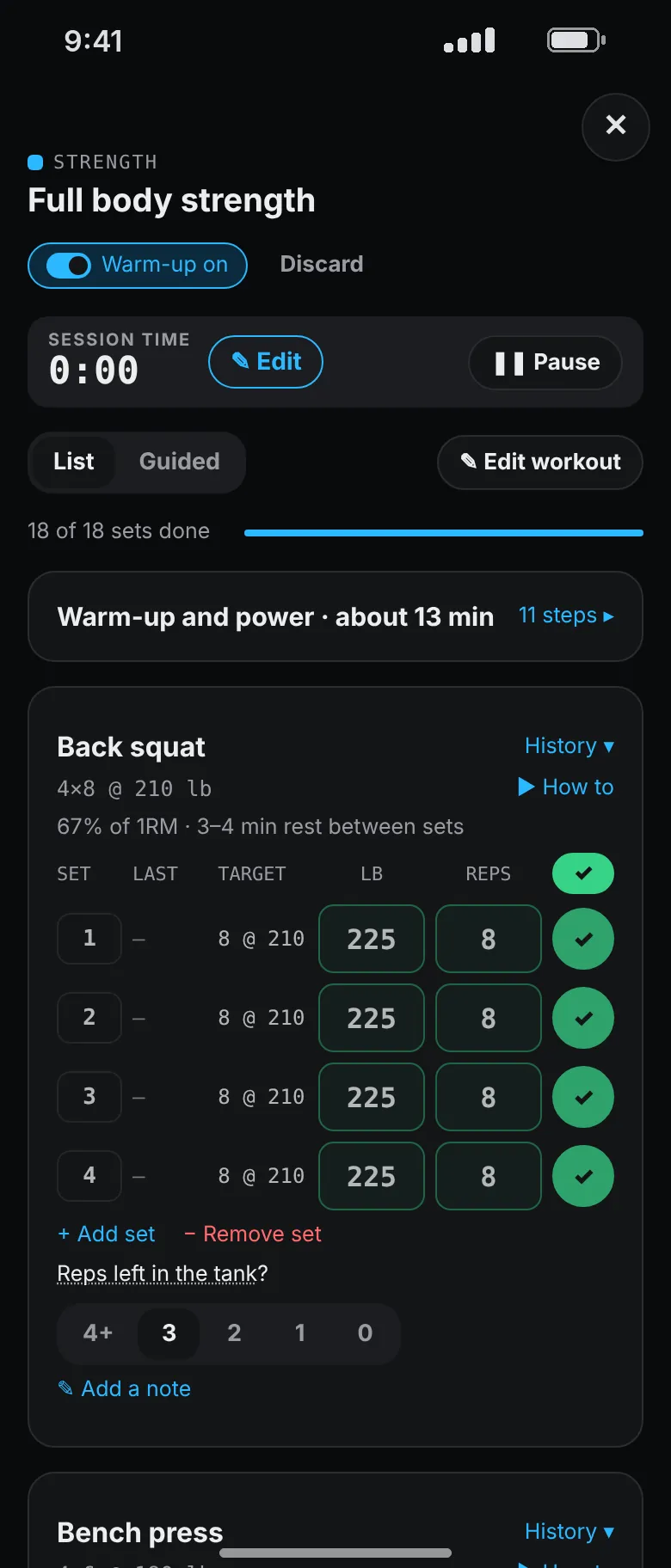Set logging for a back squat: four sets of 8 at 225 pounds, all ticked, against a target of 210, with reps left in the tank set to 3.