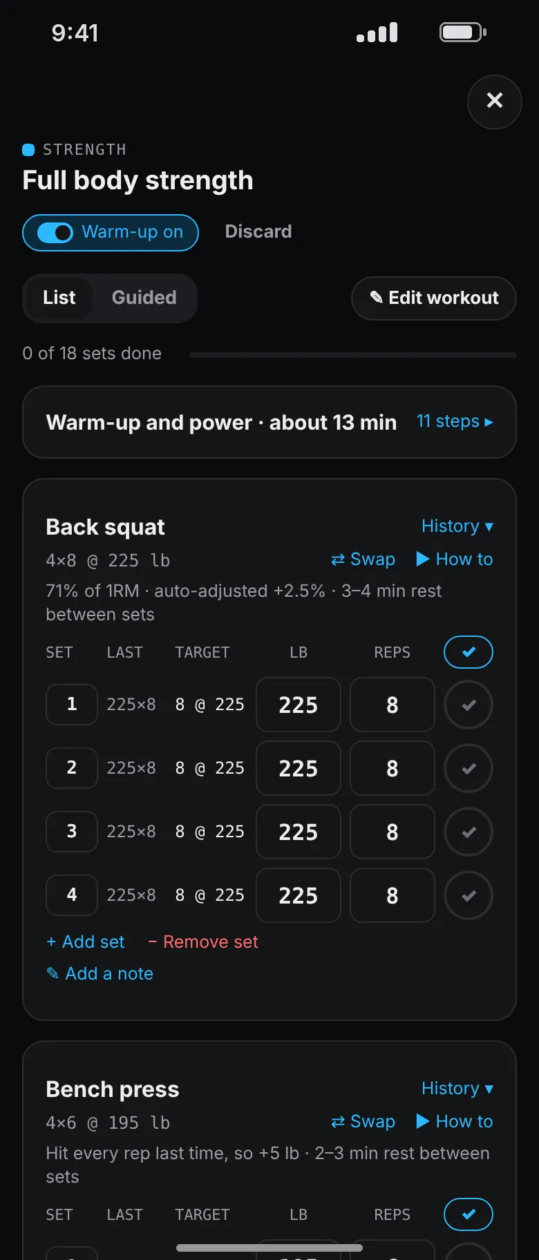 The next squat day: back squat 4 sets of 8 at 225 pounds with last week’s 225 by 8 shown beside each set, and bench press at 195 pounds with the note hit every rep last time, so plus 5 pounds.
