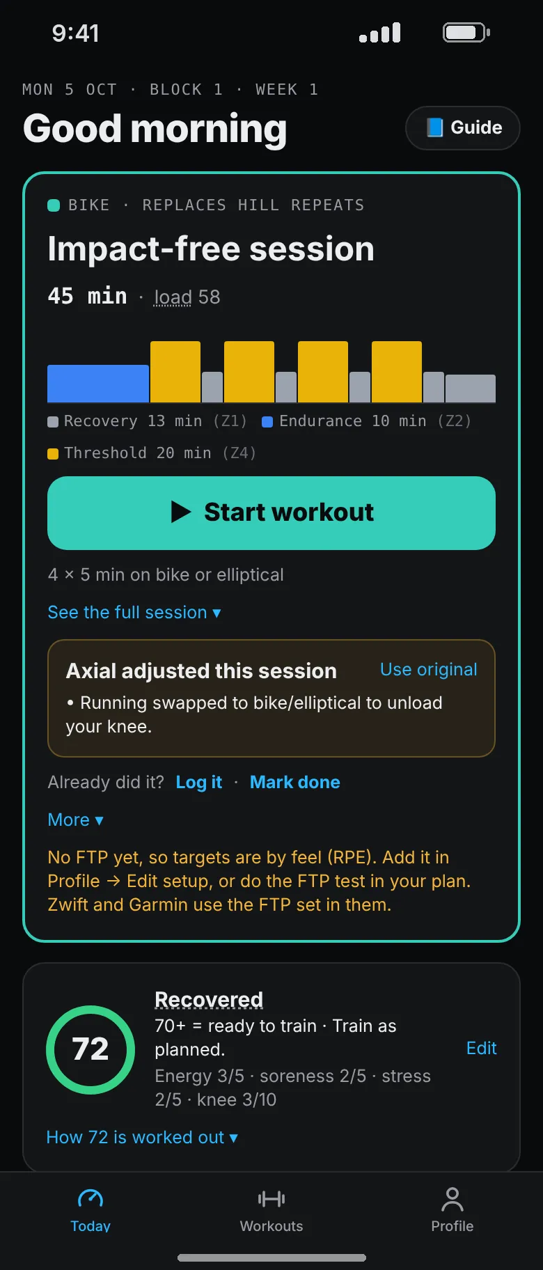Today after reporting knee pain of 3 out of 10: an impact-free bike session replaces the hill repeats, with a note that running was swapped to bike or elliptical to unload the knee.