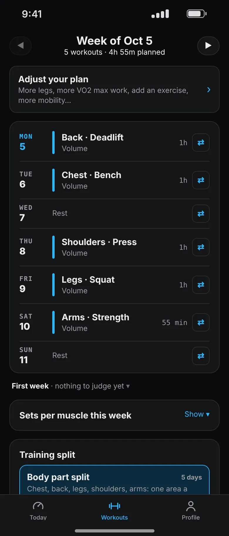 Week 1 rebuilt as back with deadlift, chest with bench, shoulders with press, legs with squat and arms, with the training split set to Body part split.