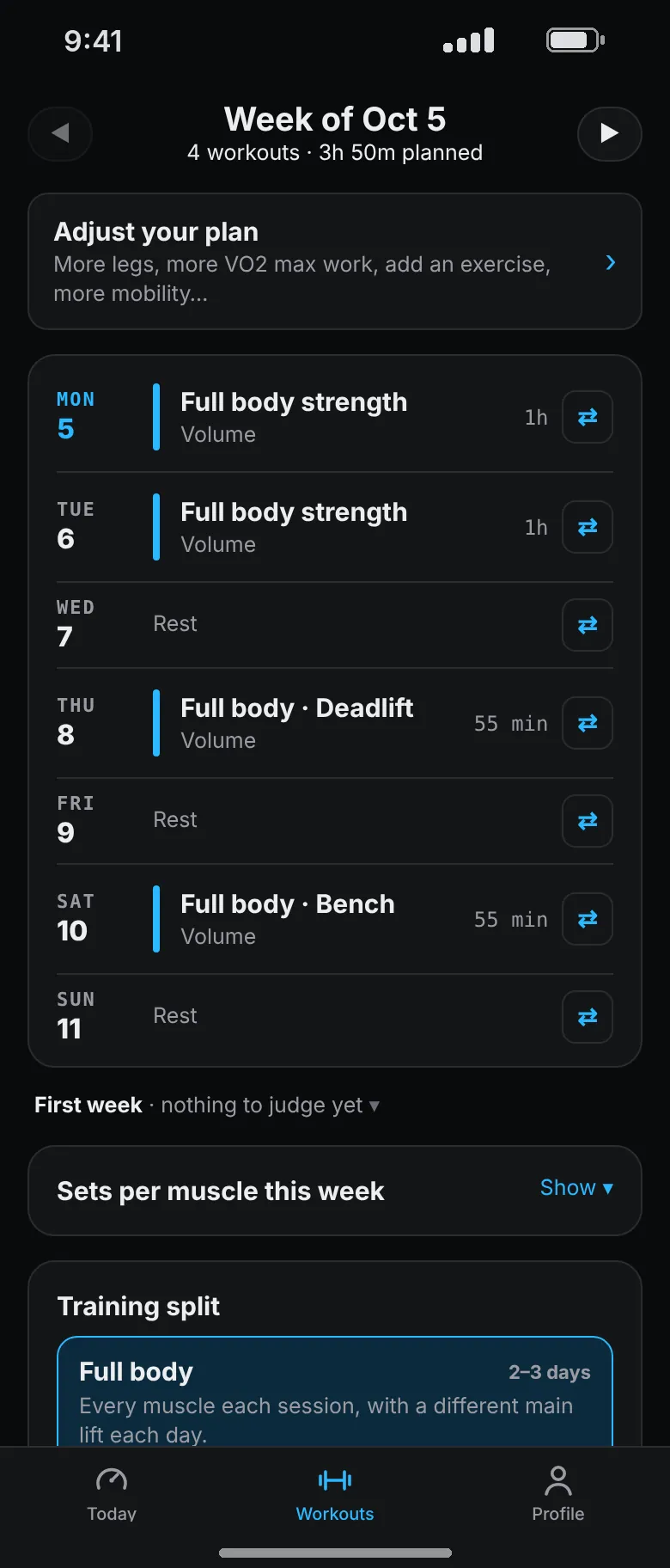 Week 1 rebuilt as four full body days: strength, strength, deadlift and bench, with the training split set to Full body.