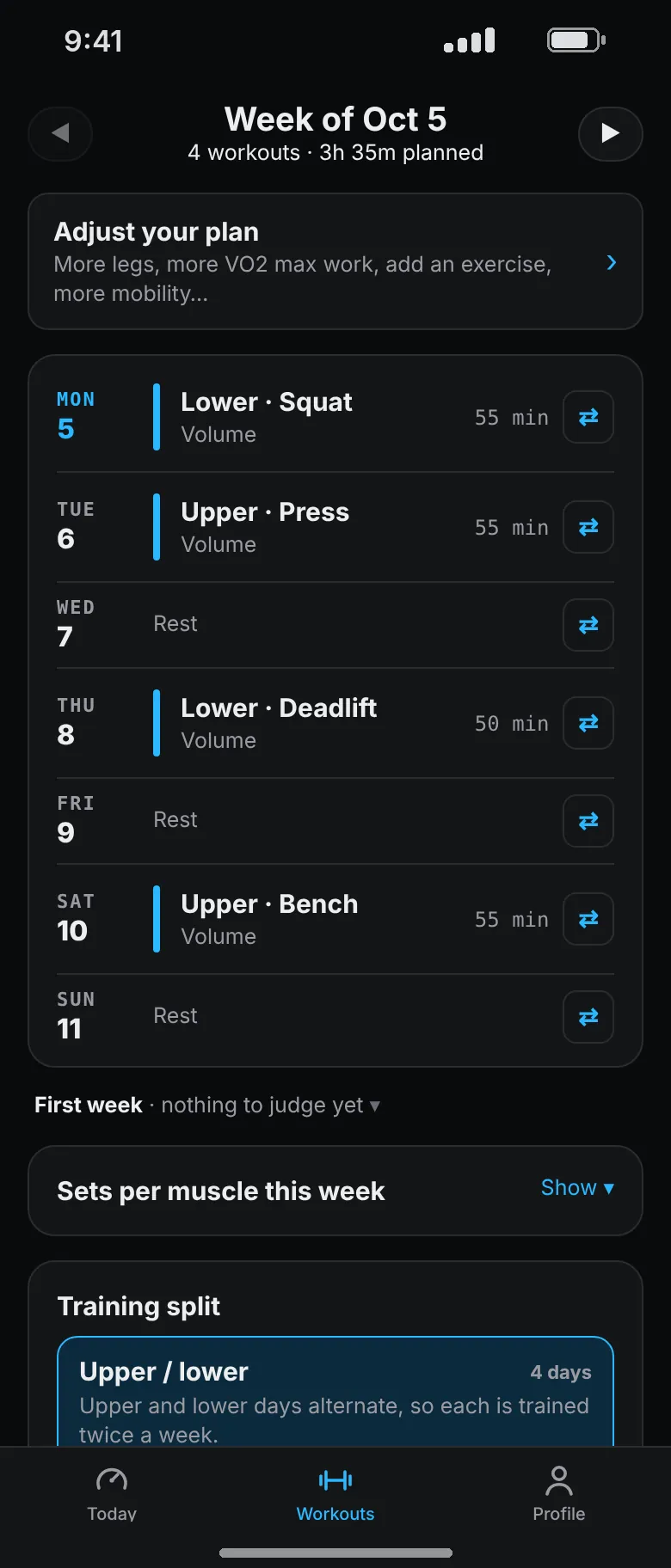 Week 1 rebuilt as lower squat, upper press, lower deadlift and upper bench, 3 hours 35 minutes, with the training split set to Upper / lower.