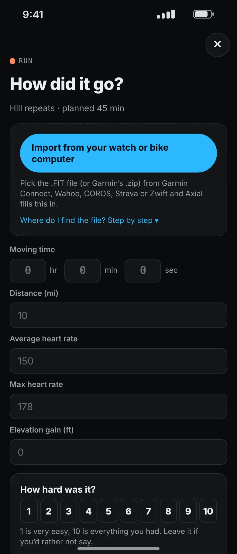 The log screen for a run, with an Import from your watch or bike computer button above time, distance and heart rate boxes.