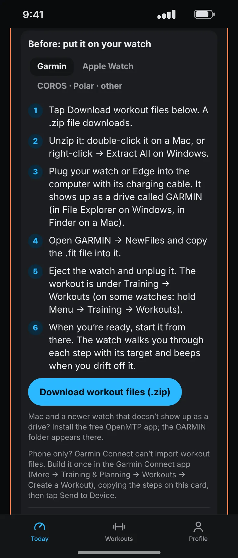 The Send to watch panel for a Garmin: six steps from downloading the workout file to starting it on the watch, and a Download workout files button.