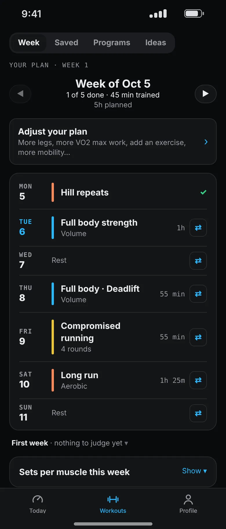 Axial’s plan for one week: hill repeats, two strength days, compromised running for Hyrox, and a long run, each marked with a color for its sport.