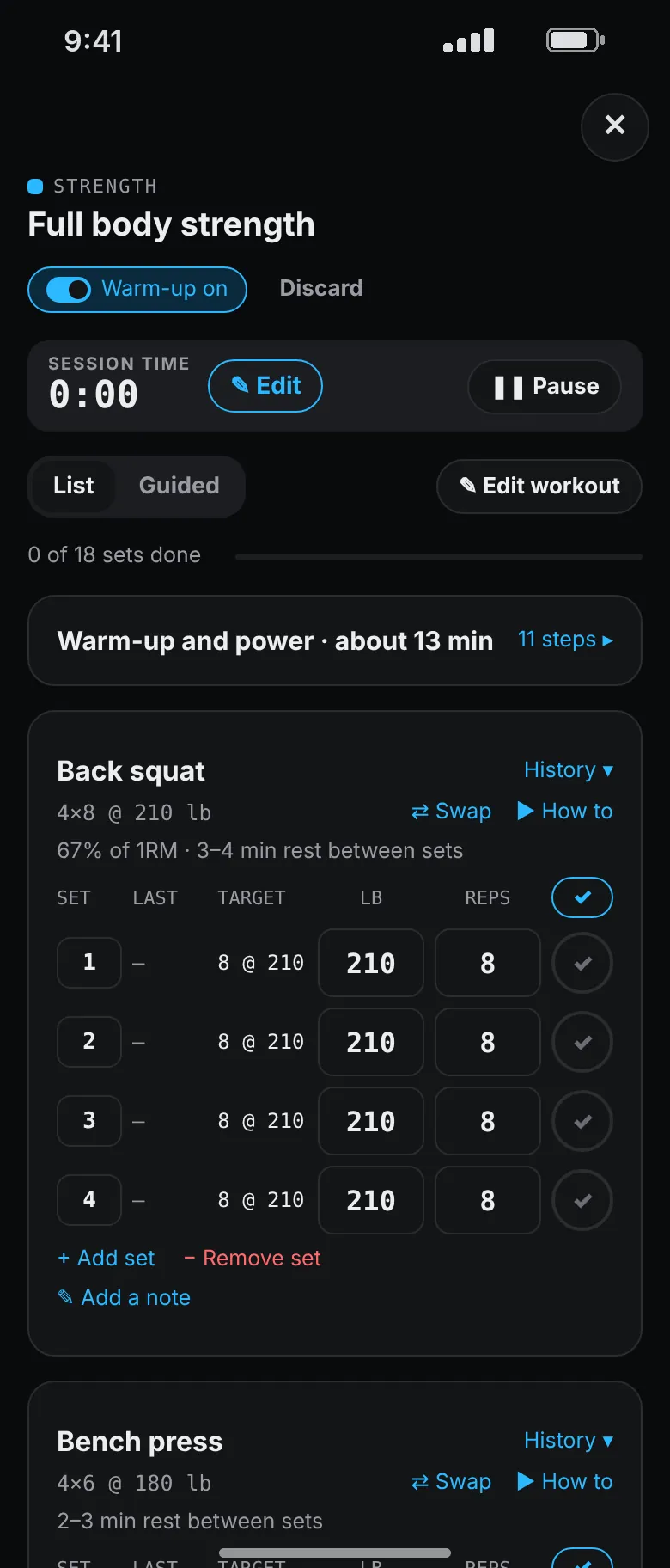 Set logging for a back squat, four sets of eight at 210 pounds, with weight and reps boxes and a tick for each set.
