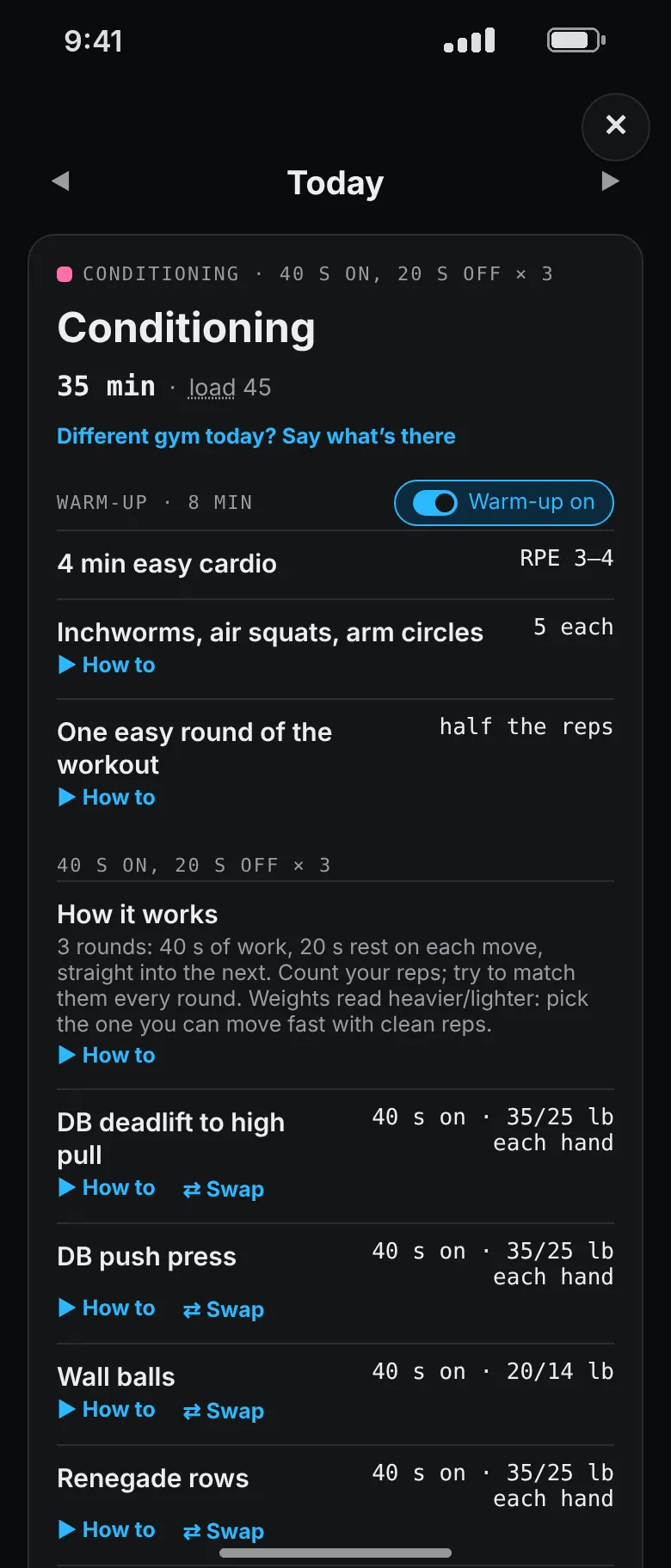 A metcon: three rounds of 40 seconds on and 20 off with dumbbell deadlift to high pull, push press, wall balls and renegade rows.
