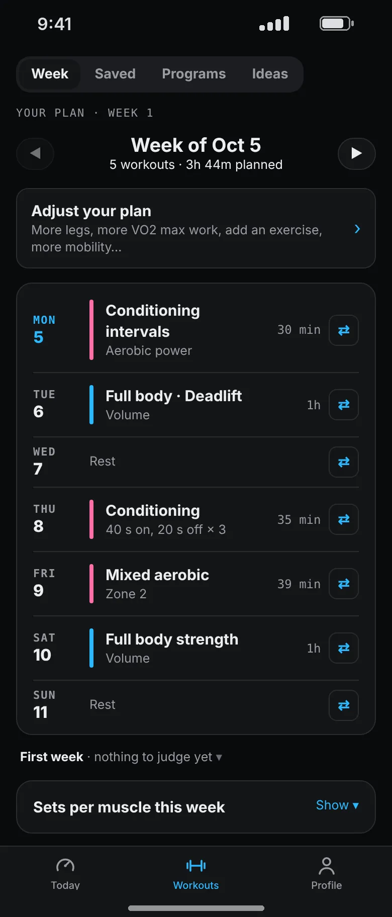 Week 1 of a conditioning plan: conditioning intervals, a deadlift day, a metcon, mixed aerobic work and a full body strength day, with rest on Wednesday and Sunday.