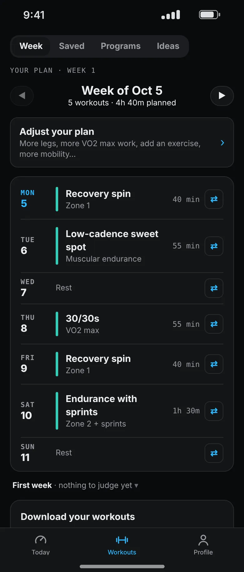 Week 1 of a cycling plan: recovery spin, low-cadence sweet spot, 30/30s, another recovery spin and an endurance ride with sprints, with rest on Wednesday and Sunday.
