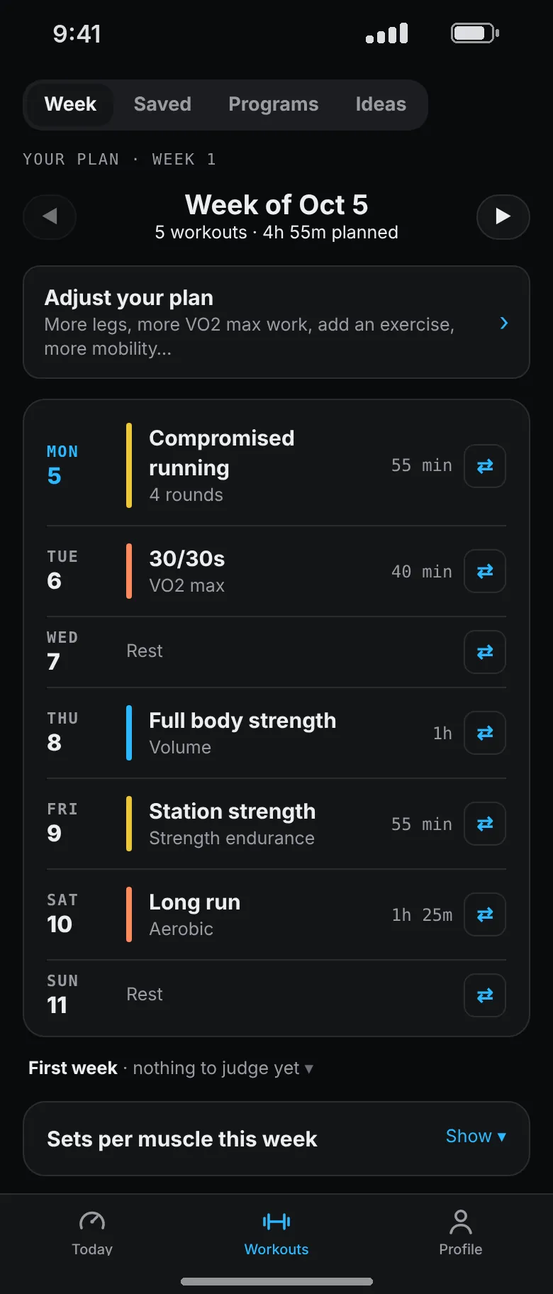Week 1 of a Hyrox plan: compromised running, 30/30s, full body strength, station strength and a long run, with rest on Wednesday and Sunday.