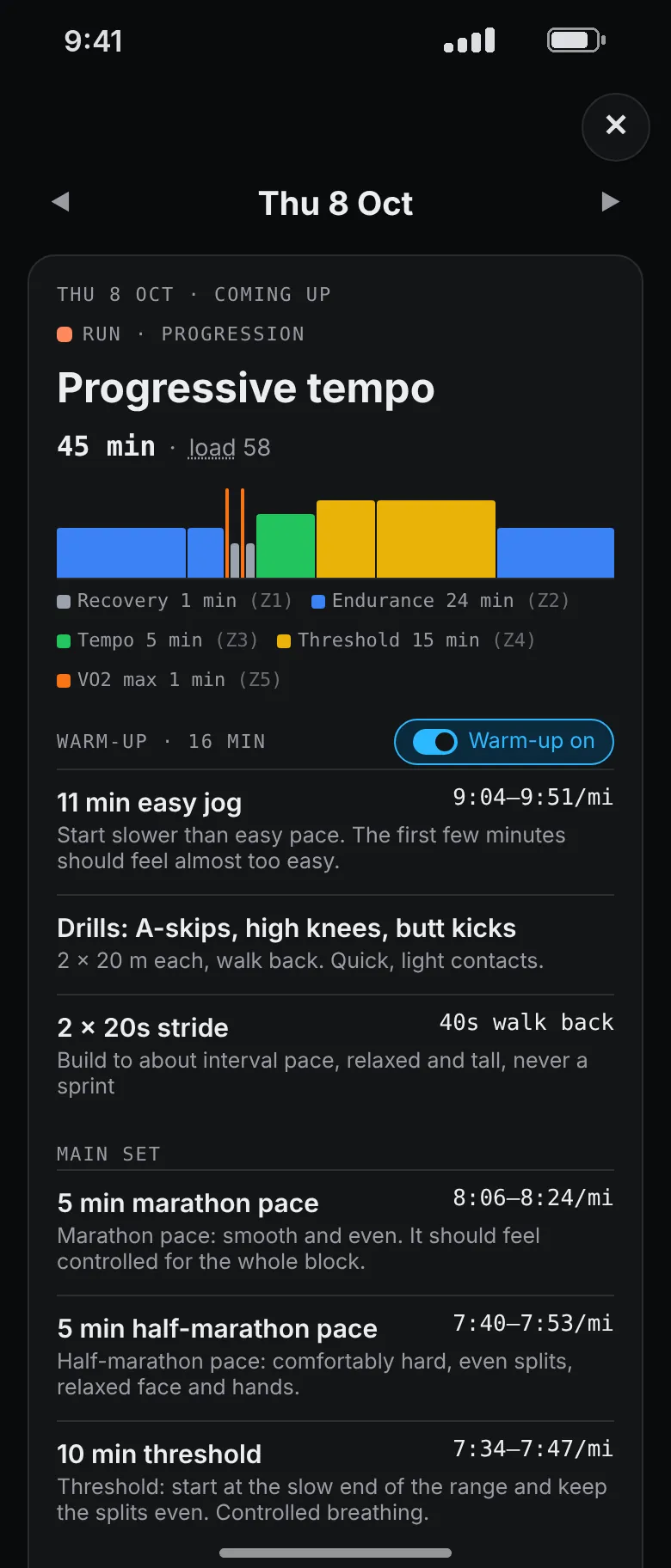 A progressive tempo run: a zone chart, a warm-up with drills and strides, then 5 minutes at marathon pace, 5 at half-marathon pace and 10 at threshold, each with a pace range.