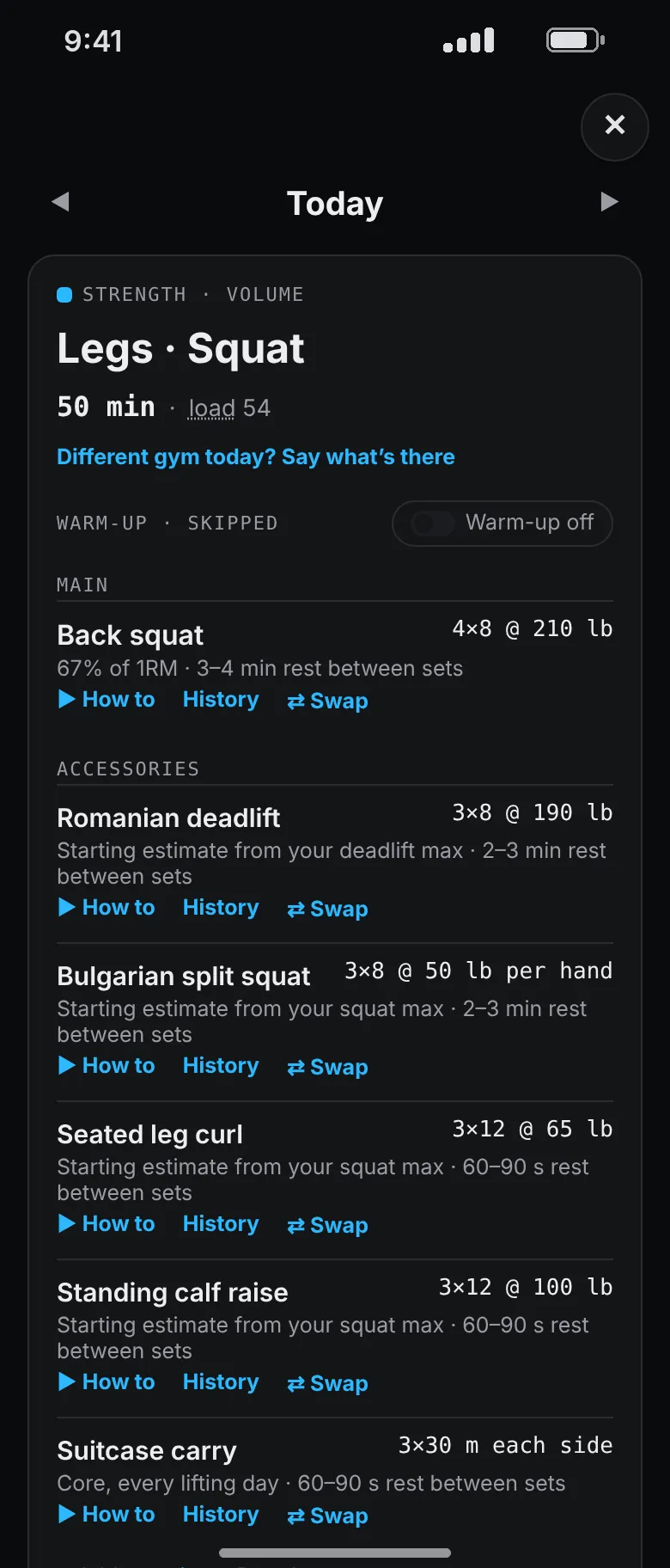 The main set of a squat day: back squat, 4 sets of 8 at 210 pounds and 67% of the athlete’s max, then Romanian deadlifts, split squats, leg curls, calf raises and carries.