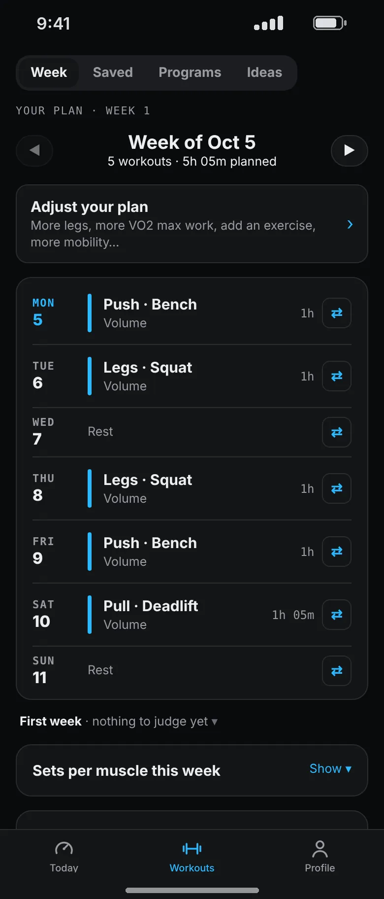 Week 1 of a strength plan: Push · Bench, Legs · Squat, Legs · Squat, Push · Bench and Pull · Deadlift, with rest on Wednesday and Sunday.