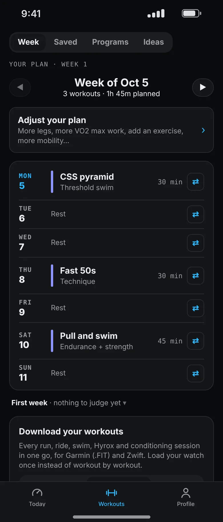 Week 1 of a swimming plan: a CSS pyramid on Monday, fast 50s on Thursday and a pull and swim set on Saturday, with rest on the other days.