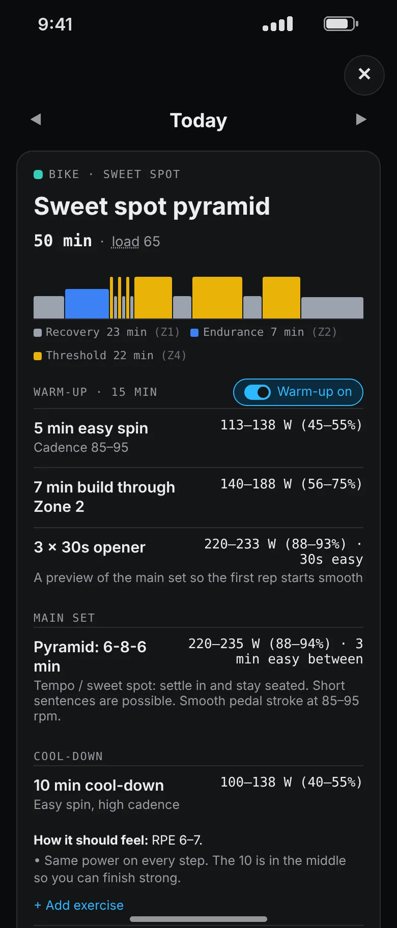 A sweet spot pyramid ride: a zone chart, a warm-up, a 6-8-6 minute pyramid at 220 to 235 watts and a cool-down.