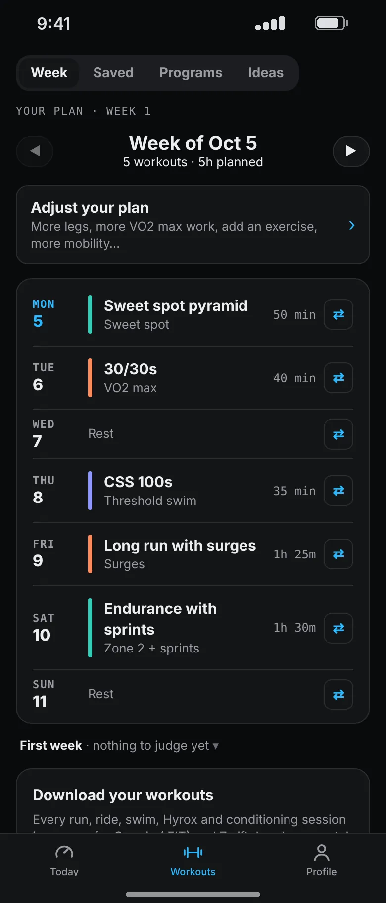 Week 1 of a triathlon plan: a sweet spot ride, 30/30s run, threshold swim, long run with surges and an endurance ride, with rest on Wednesday and Sunday.